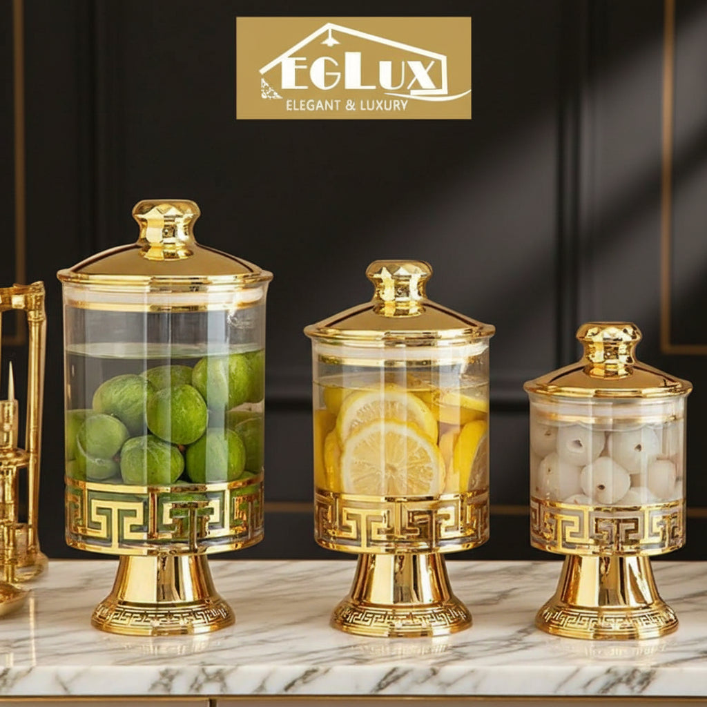 Premium Acrylic 3- Pieces Storage Jars Set With Golden Stand