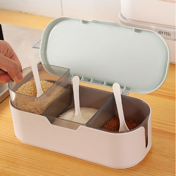3-grid Seasoning Storage Box With Lid & spoons.