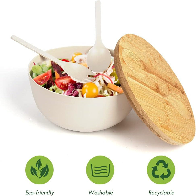 Bamboo Fiber Large Salad Bowl Set with Cutlery and Sealing Lid, Salad Serving Bowl with Utensils