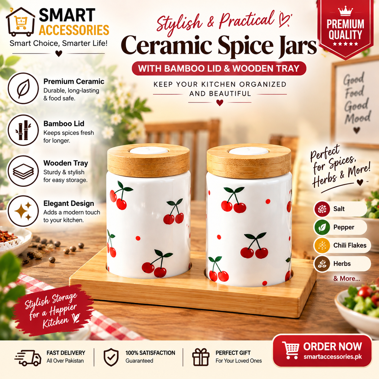 Cherry Print Ceramic Salt & Pepper Shaker Jar Set