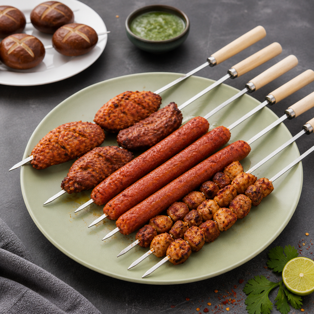 Reusable Stainless Steel steel BBQ Skewers With Wooden Handles (Pack Of 6)