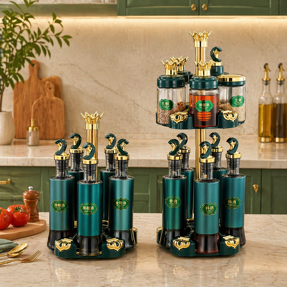 Luxury Spice Organizer Stand, Rotating Oil And Spice Dispenser Set