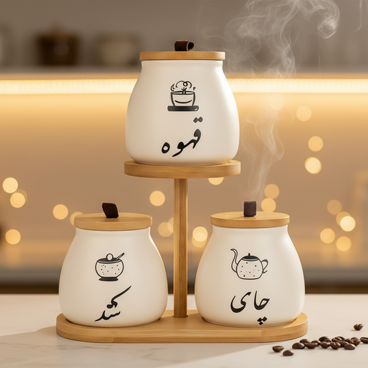 Three White Ceramic Jars With Minimalist Black Arabic Calligraphy