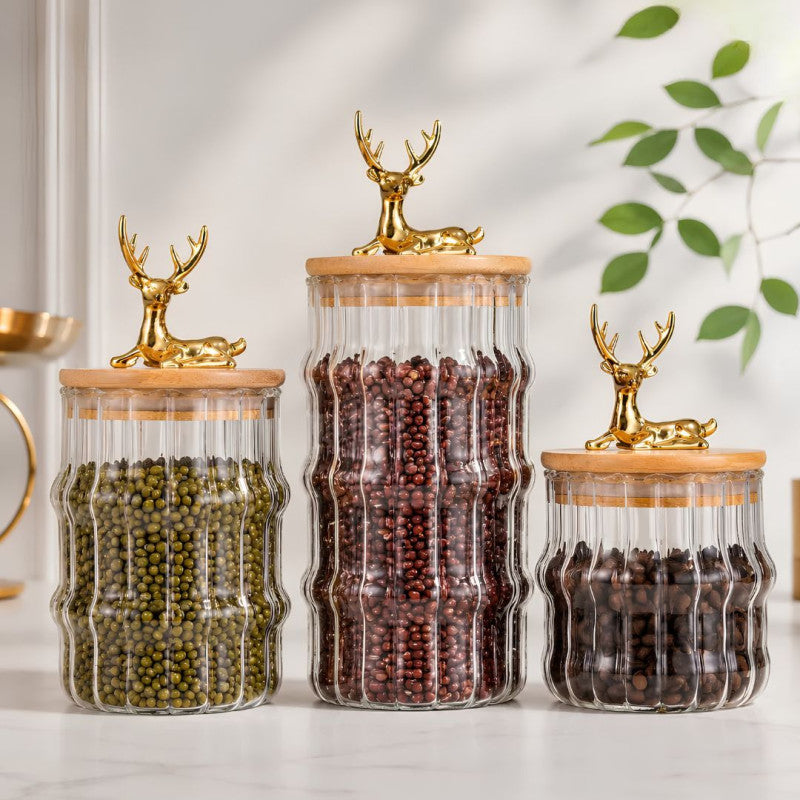 3 Pieces Luxury Ribbed Glass Storage Jar Set With Airtight Bamboo Lids