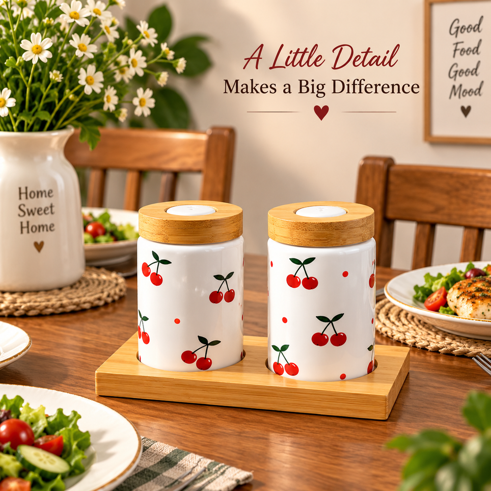 Cherry Print Ceramic Salt & Pepper Shaker Jar Set