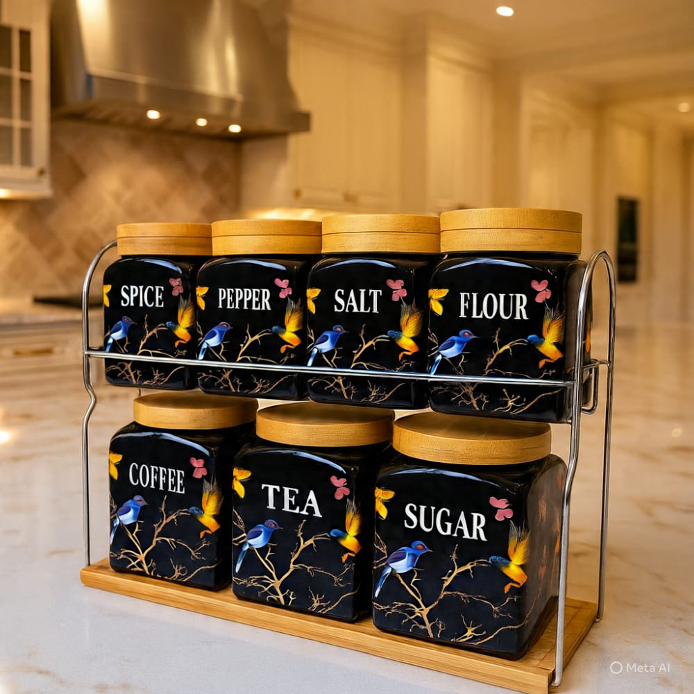 Creative 7Pcs Spice Kitchen Jars Set Wooden Lid