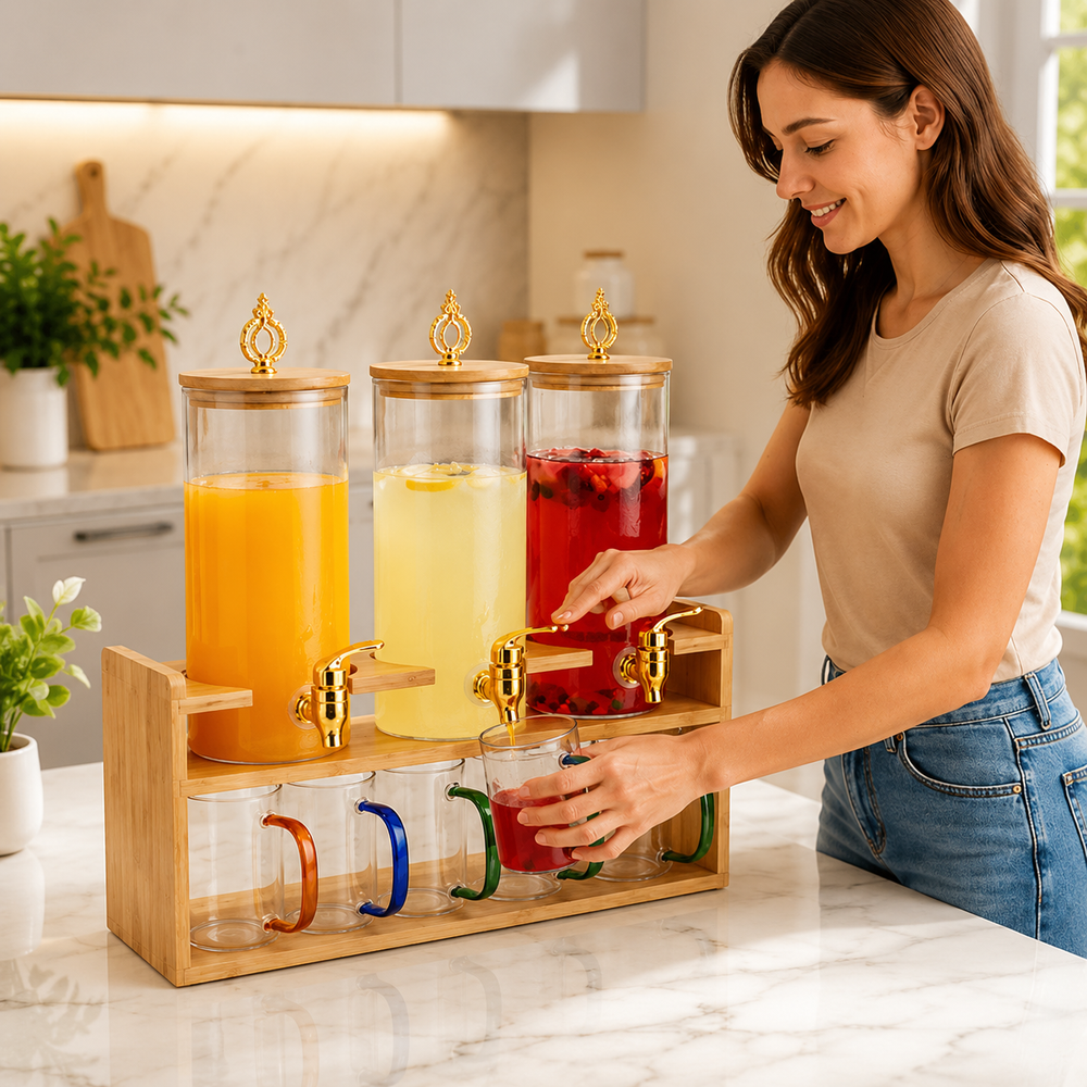 Triple Glass Beverage Dispenser   With Bamboo Stand & 6Pcs Glasses Set