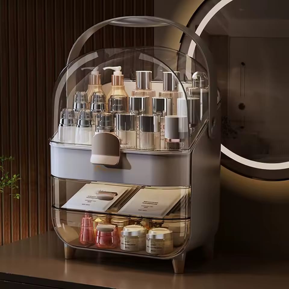 Premium Layered waterproof Cosmetics Organizer Box With  Dustproof Dome And Drawers