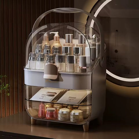 Premium Layered waterproof Cosmetics Organizer Box With  Dustproof Dome And Drawers