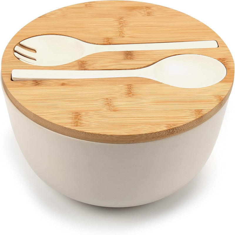 Bamboo Fiber Large Salad Bowl Set with Cutlery and Sealing Lid, Salad Serving Bowl with Utensils