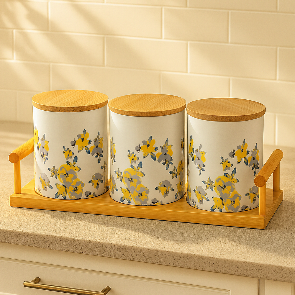 3-Piece Ceramic Jar Set With  Floral Pattern And Bamboo Lids Bamboo Tray