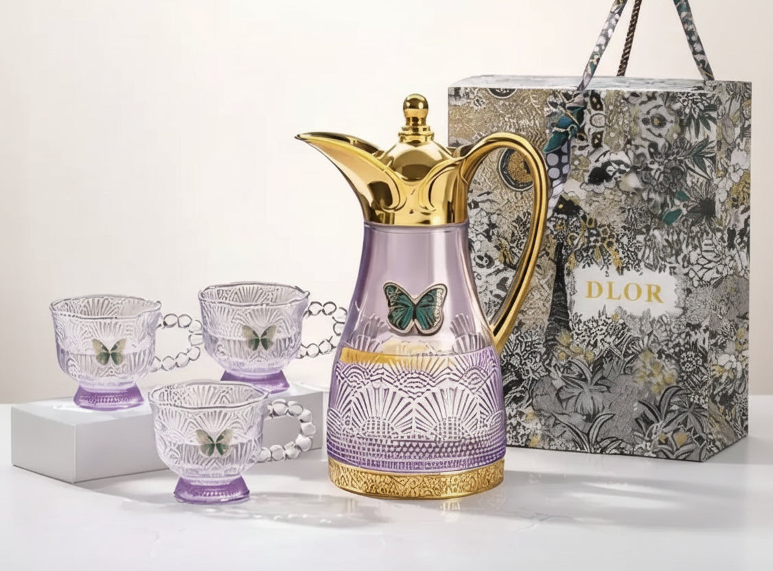 Turkish Luxurious Dining Table DLOR Butterfly Logo Jug And Glasses Set With Gift Box Packing