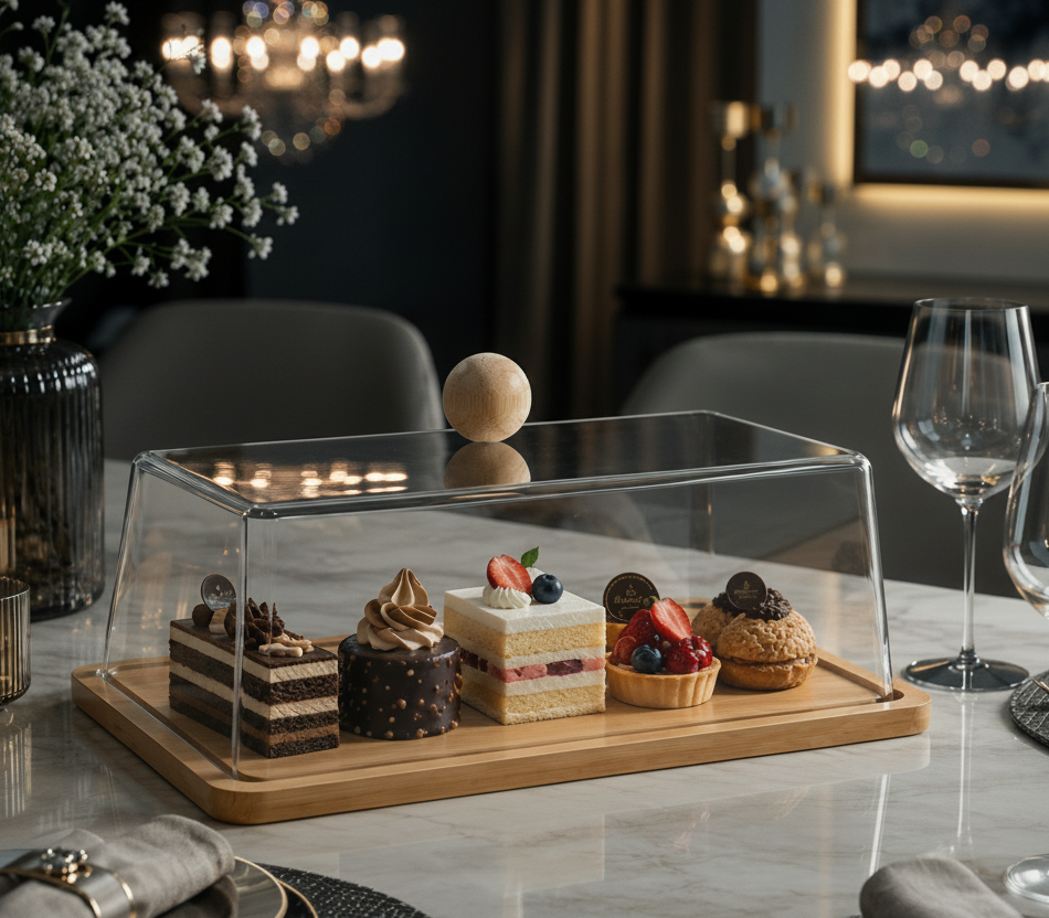 Acrylic Cake & Dessert Display Cover With Bamboo Tray