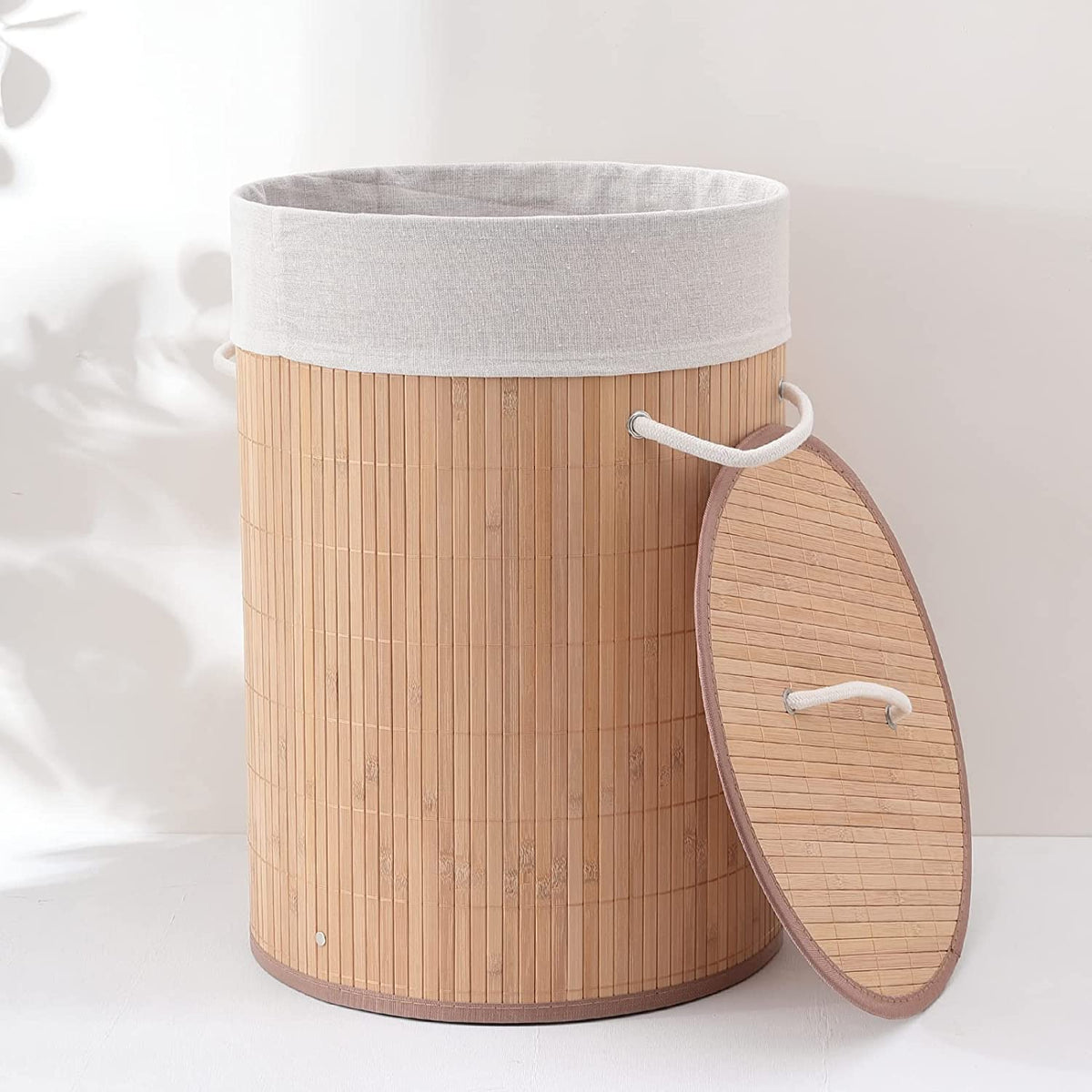 Round Foldable Natural Bamboo Laundry Basket With Lid