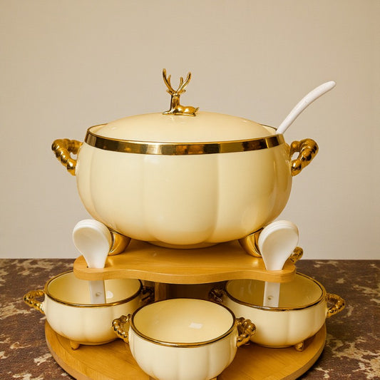 16-Piece Royale Soup Set With Wooden Stand White and Golden