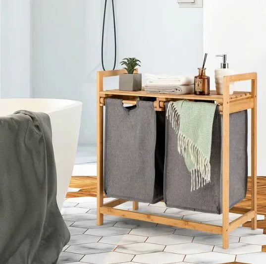 Bamboo laundry Hamper With Storage Shelf And Dual Compartments.
