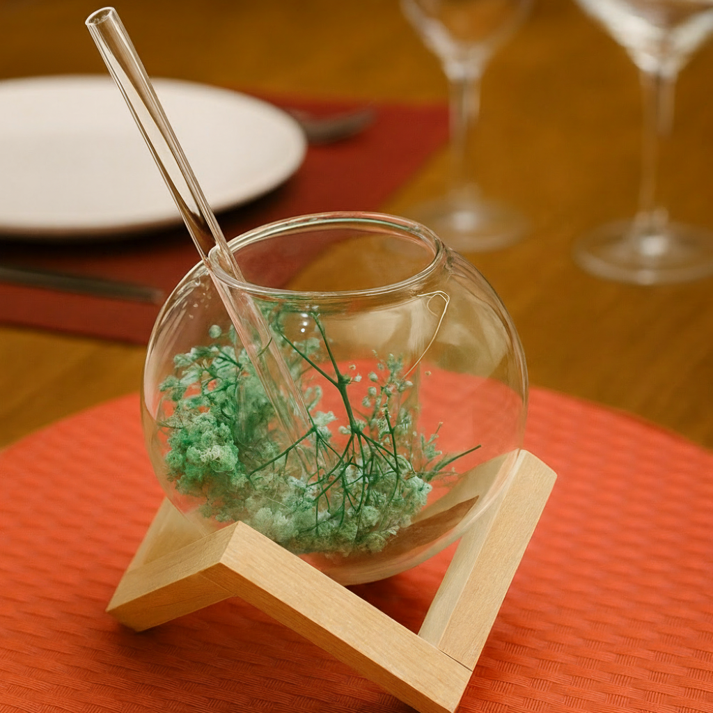 Heat Resistant Double Wall Glass Coffee Cup With Straw & Wooden Stand