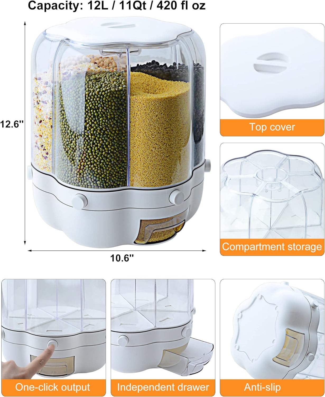 Grain Dispenser Rotating, Dry Food Dispenser with 6-Grids large size