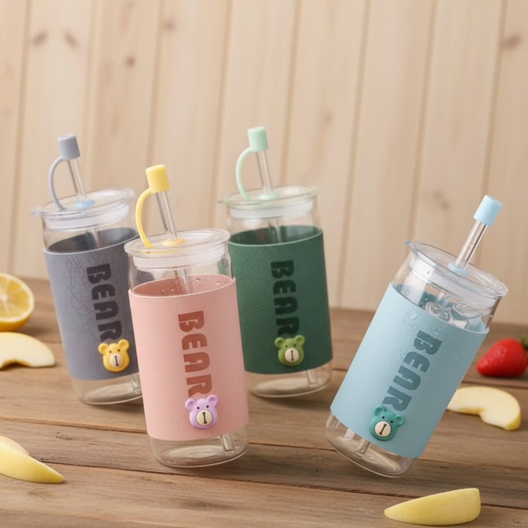 Bear Sleeves Glass Tumbler With Bamboo Lid And Straw 410 ML