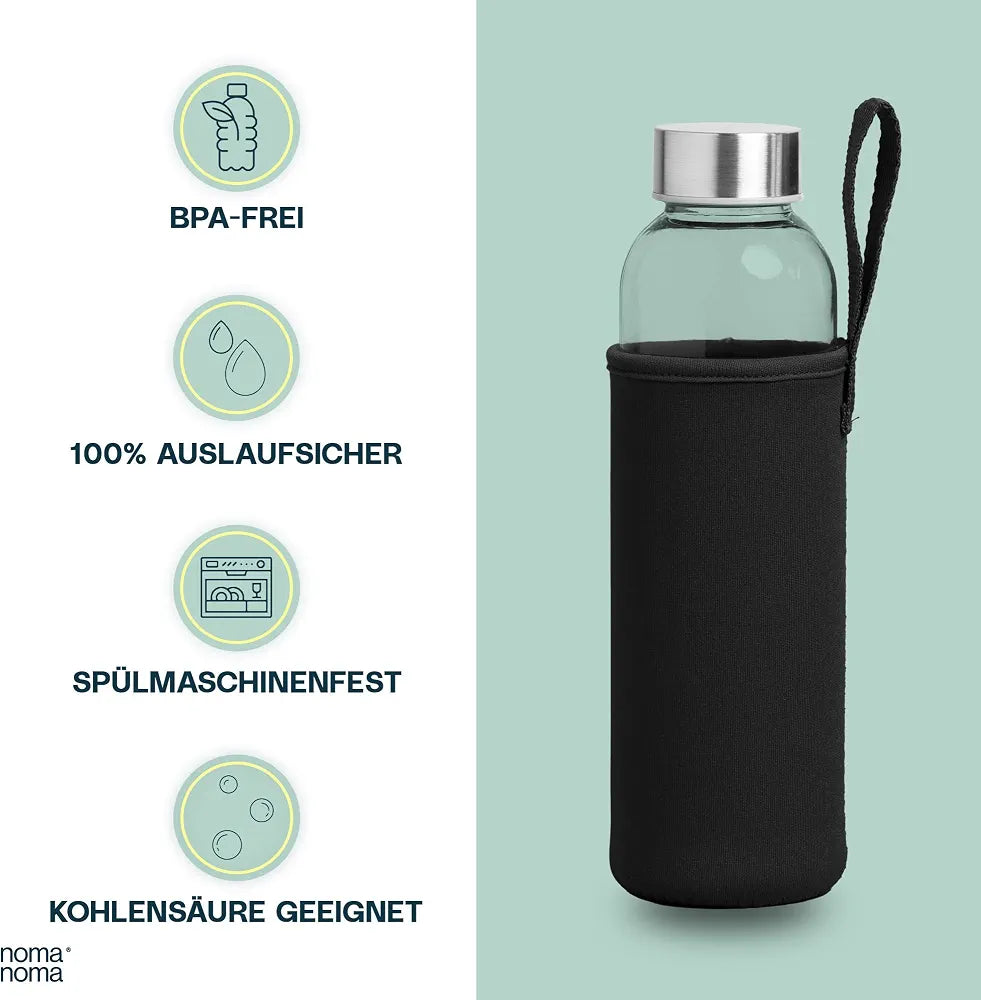 Borosilicate Glass Water Bottle With Stainless Steel Lid & Protective Sleeves