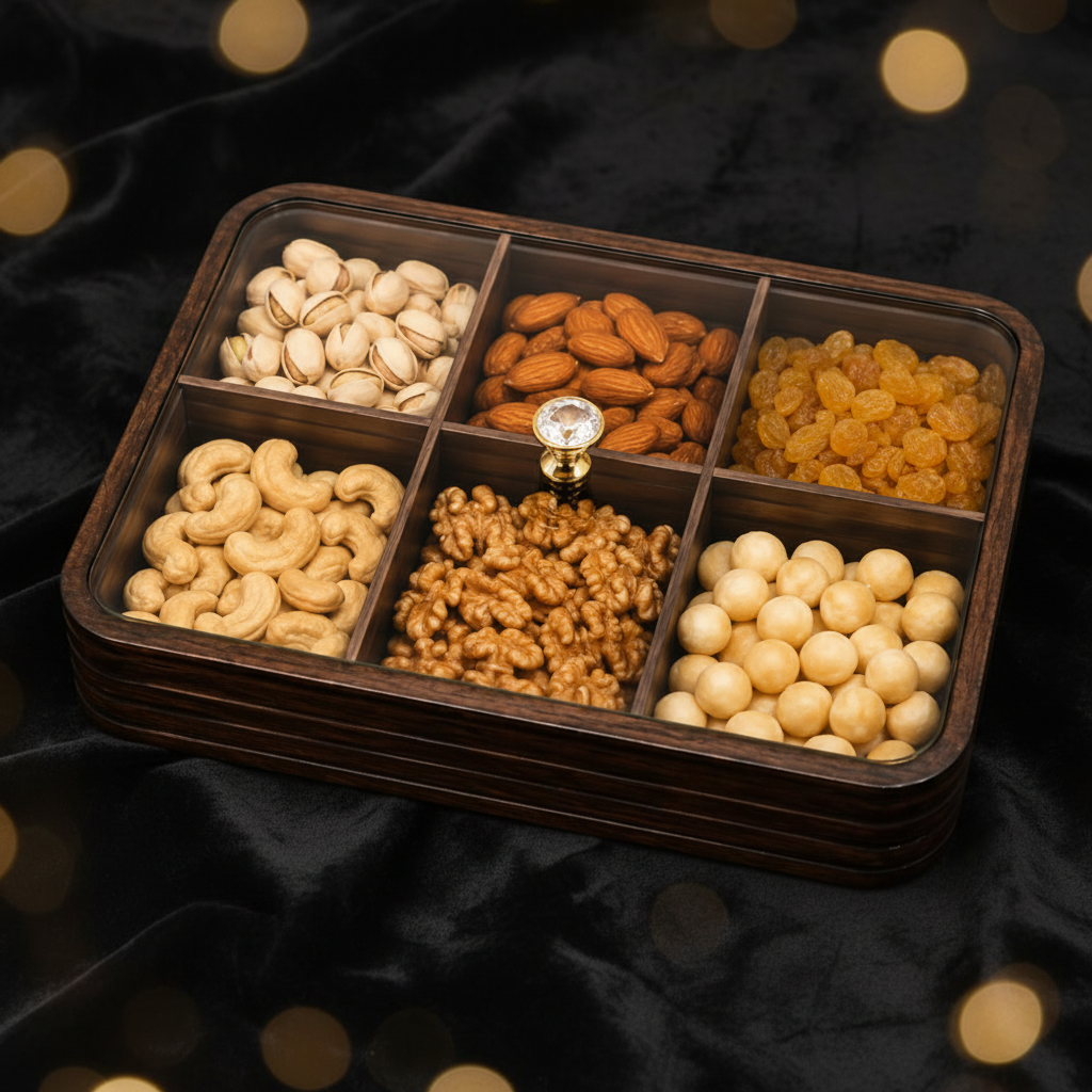 Luxury Wooden 6-Grid Dry Fruits & Snacks Serving Box