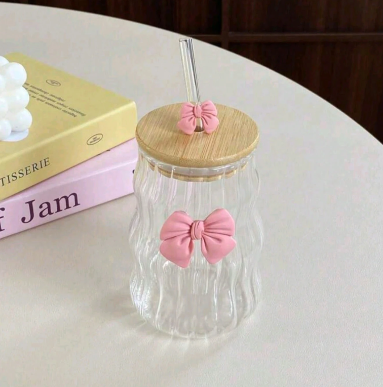 Bow Coffee High Borosilicate Glass Cloud Mug Wooden Lid With Straw