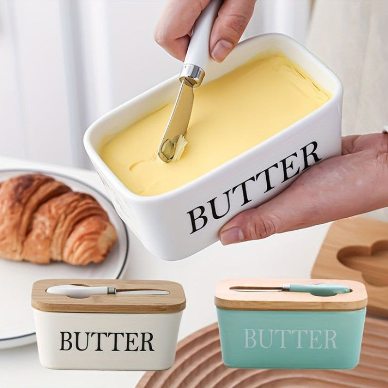 Ceramic Butter Dish With Bamboo Lid & Knife