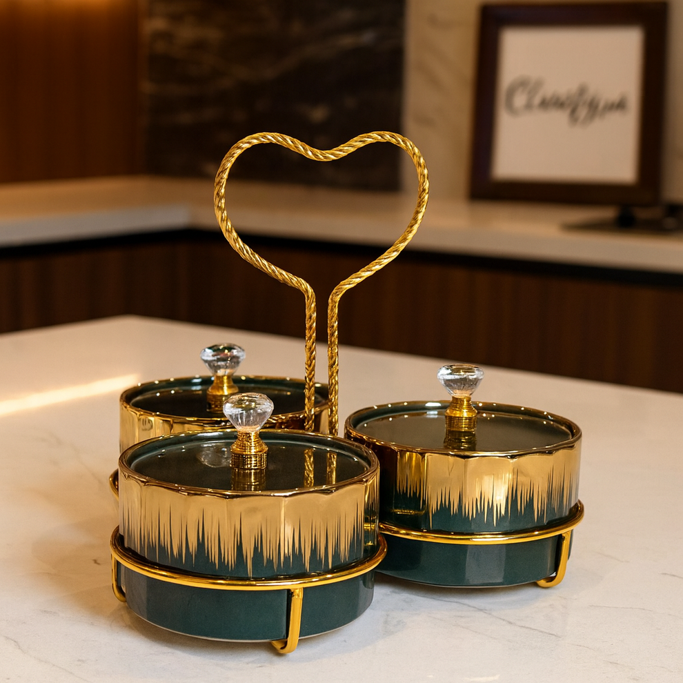 Royal And Luxurious Elegant Black & Gold Ceramic Jar Set – Crystal Lid with Heart Handle
