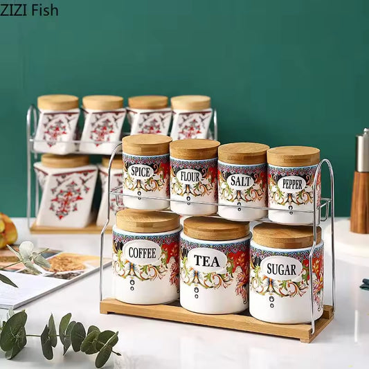 Creative 7Pcs Spice Kitchen Jars Set Wooden Lid