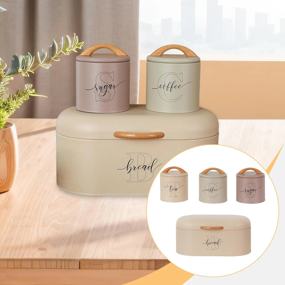 Bread Box With Sugar Coffee Tea Canisters Metal Pantry Countertop 4-Pieces Set