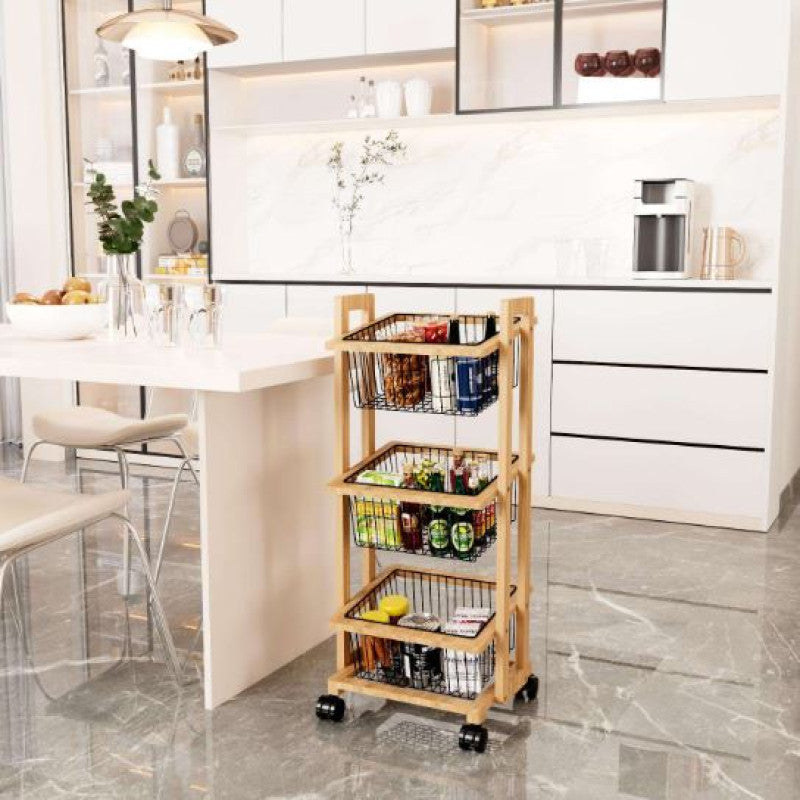 3-Tier Movable Wooden Storage Cart, Multi-Function Organizer Trolley