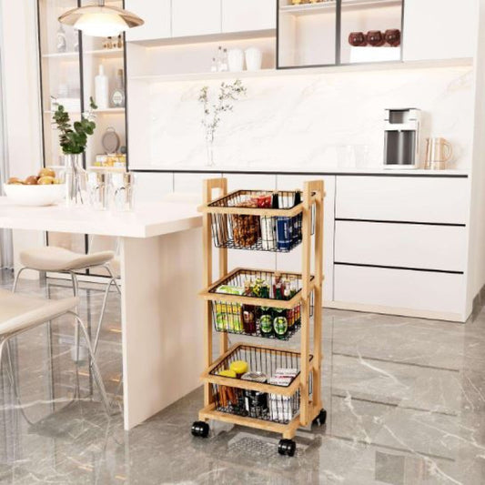 3-Tier Movable Wooden Storage Cart, Multi-Function Organizer Trolley