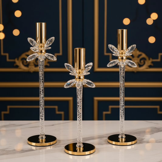 Luxury Gold Crystal Flower Candle Holder Set (3Pcs)