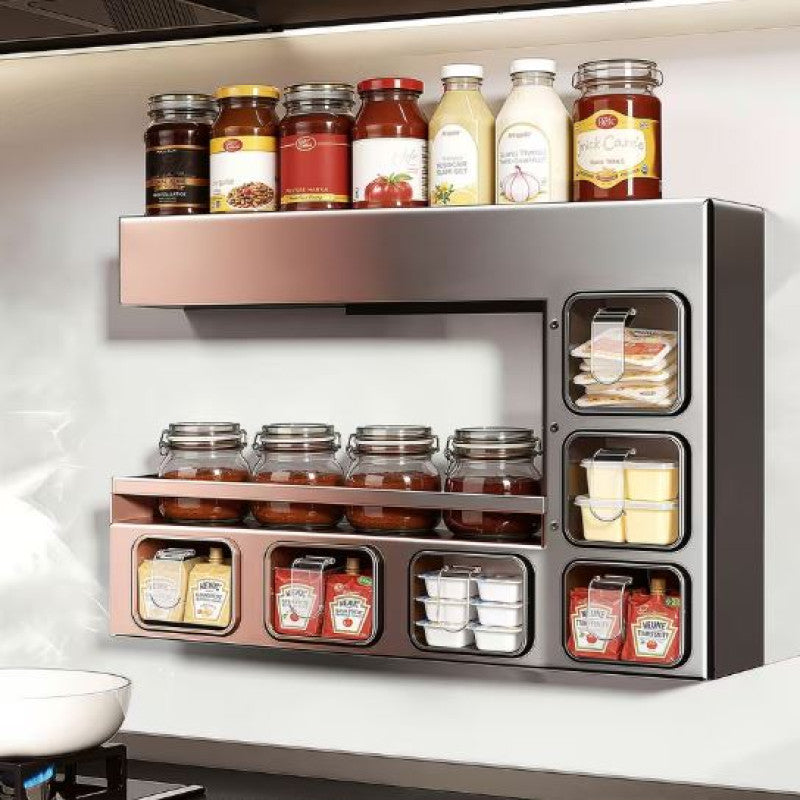 Luxurious Wall Mounted Metal Spice Rack With 6 Seasoning Box
