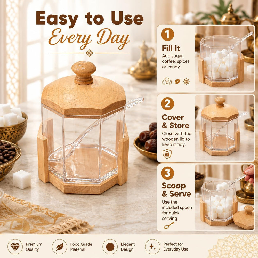 Acrylic Hexagon Jar with Wooden Base Sugar Pot With Lid & Spoon