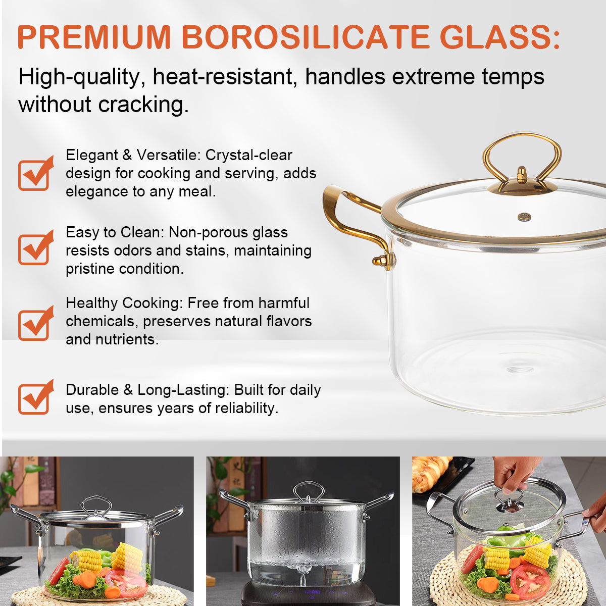 High Bayon Glass Stainless Steel Handle Double Ear Glass Pot 2.5L Heat Resistant