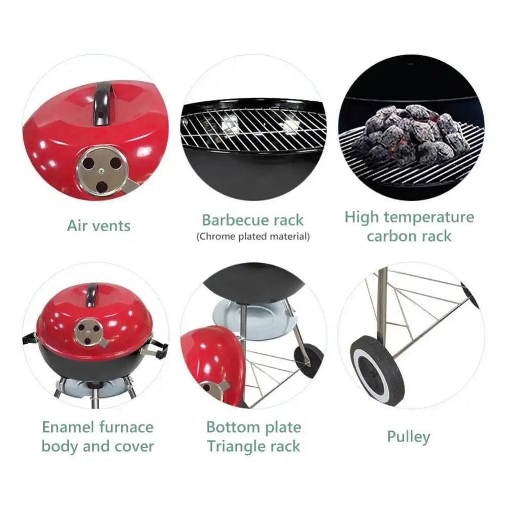 Charcoal BBQ Grill, Smoker Grill For Outdoor Cooking Camping Kettle Grill With Lid & Wheels