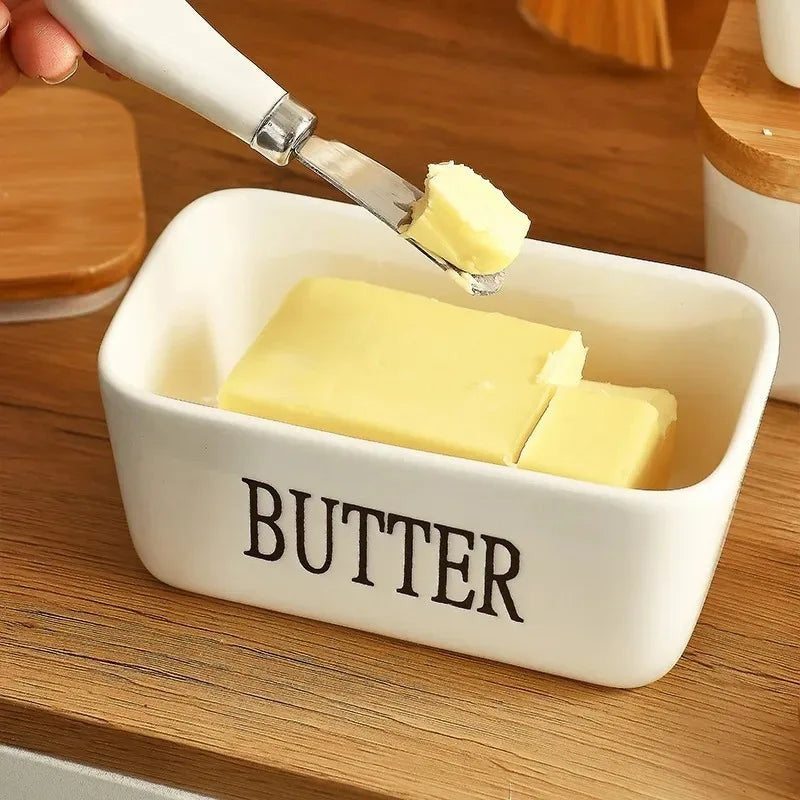 Ceramic Butter Dish With Bamboo Lid & Knife