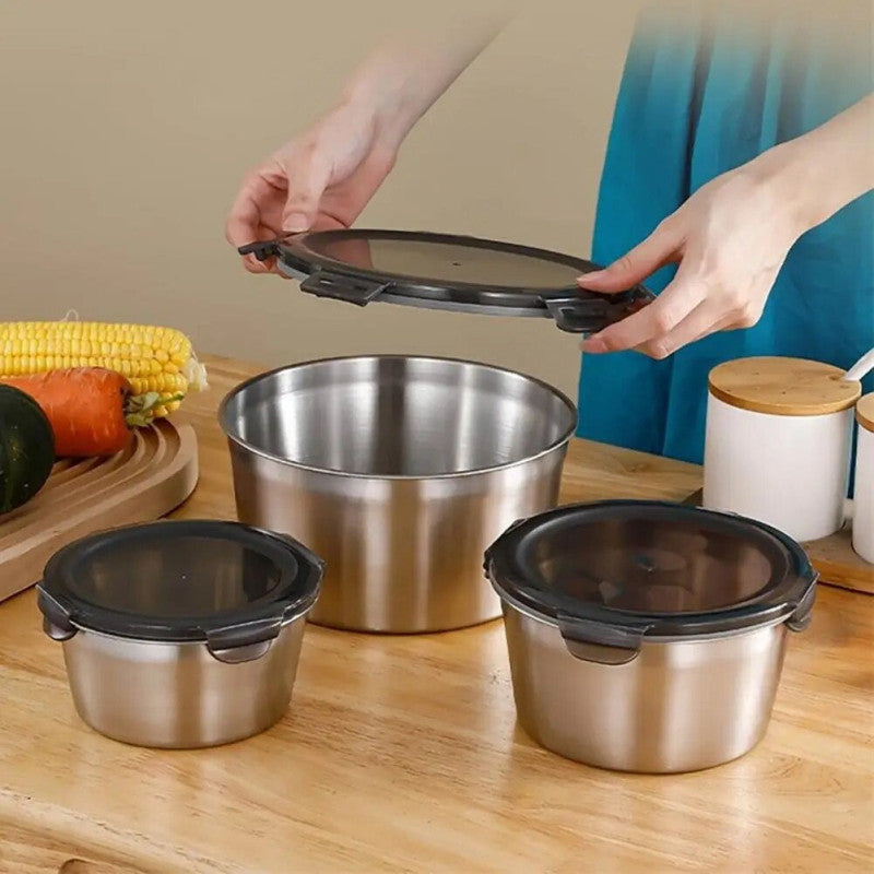 4Pcs Stainless Steel Storage Food Containers Round Box Set With Look