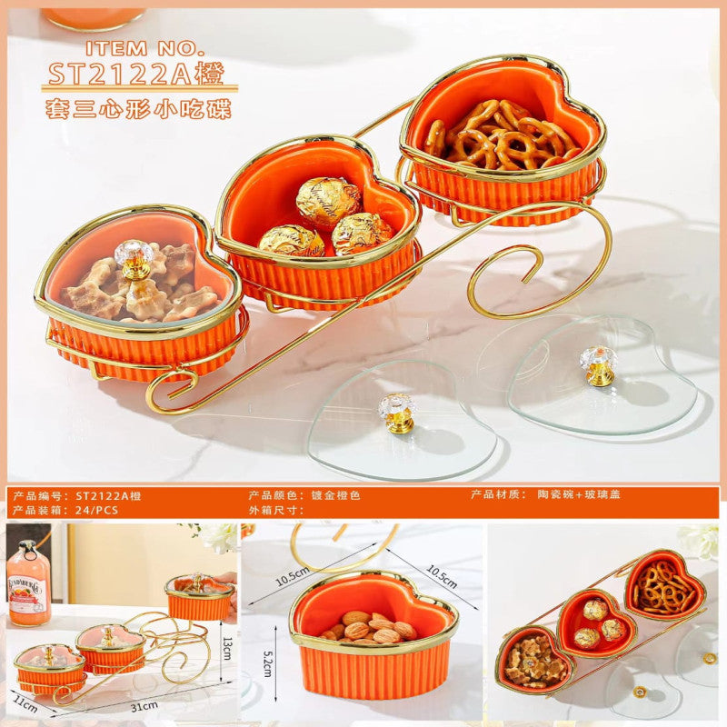 Premium Luxury 3 Ceramic Hert Shaped Serving Tray With Lids