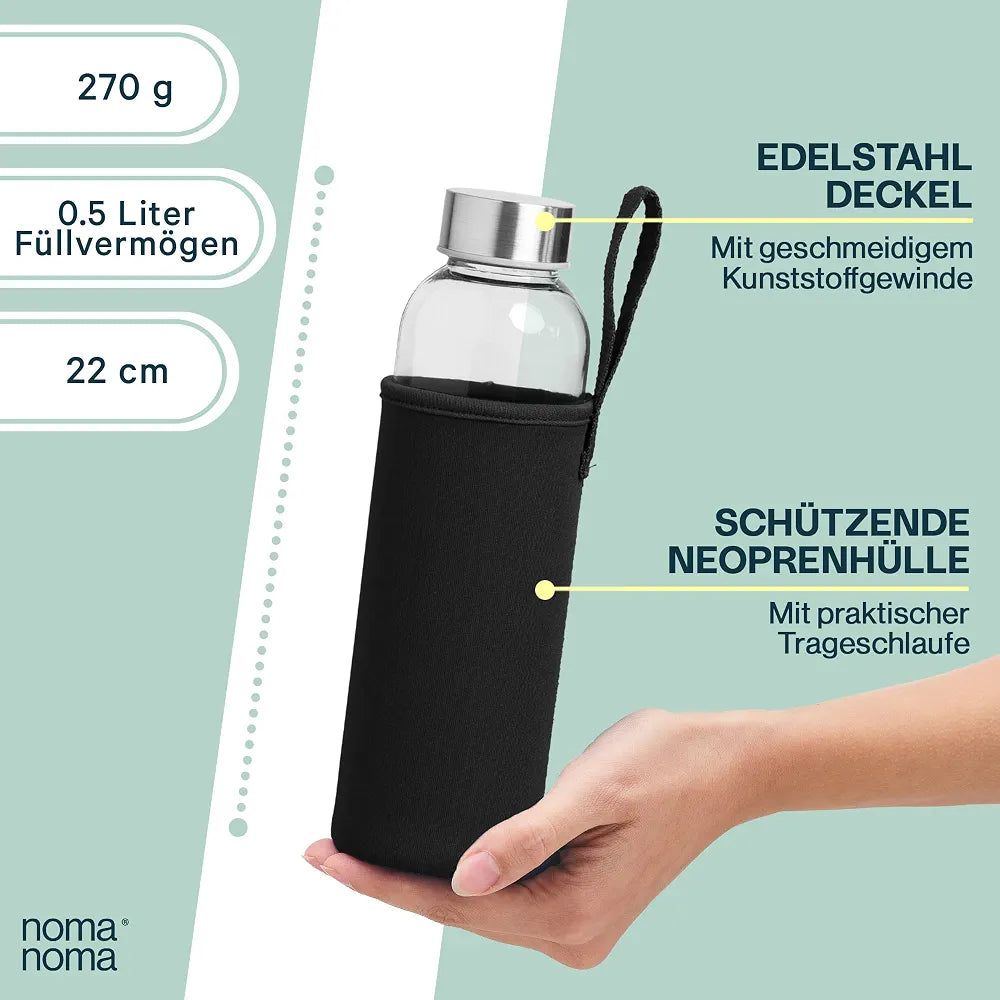 Borosilicate Glass Water Bottle With Stainless Steel Lid & Protective Sleeves