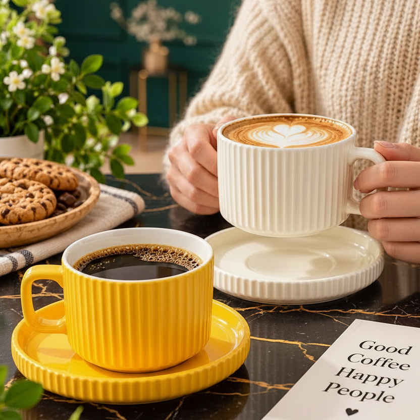 8Pcs Vintage Style Ceramic Quality Coffee Cup With Saucer Set