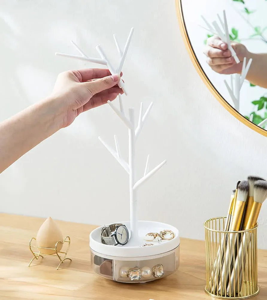 Rotating Branch Tree Jewelry Stand With Storage Tray