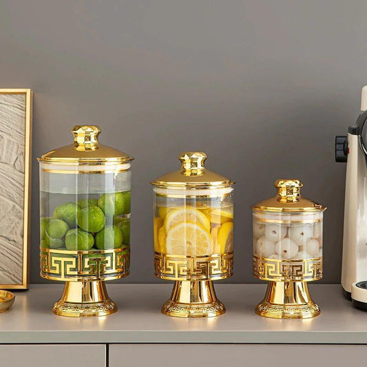 Premium Acrylic 3- Pieces Storage Jars Set With Golden Stand