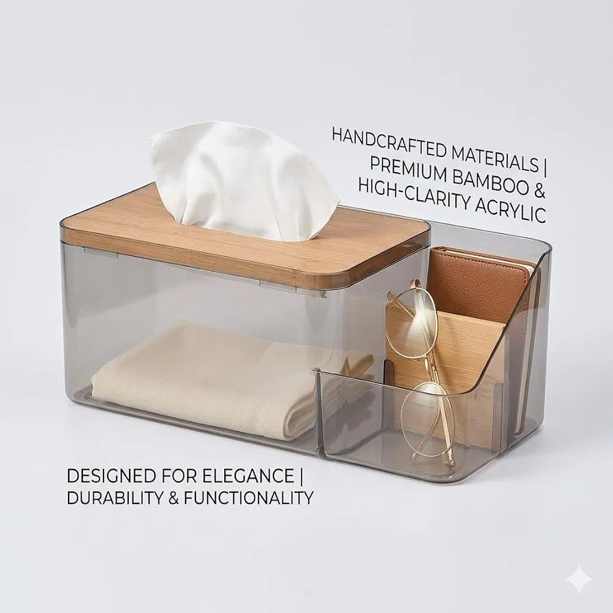 Acrylic Tissue Box Bamboo Lid With Remote Holder