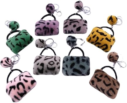 Leopard Print Plush Bag Keychain – Cute Fluffy Purse Charm