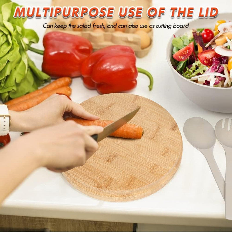 Bamboo Fiber Large Salad Bowl Set with Cutlery and Sealing Lid, Salad Serving Bowl with Utensils