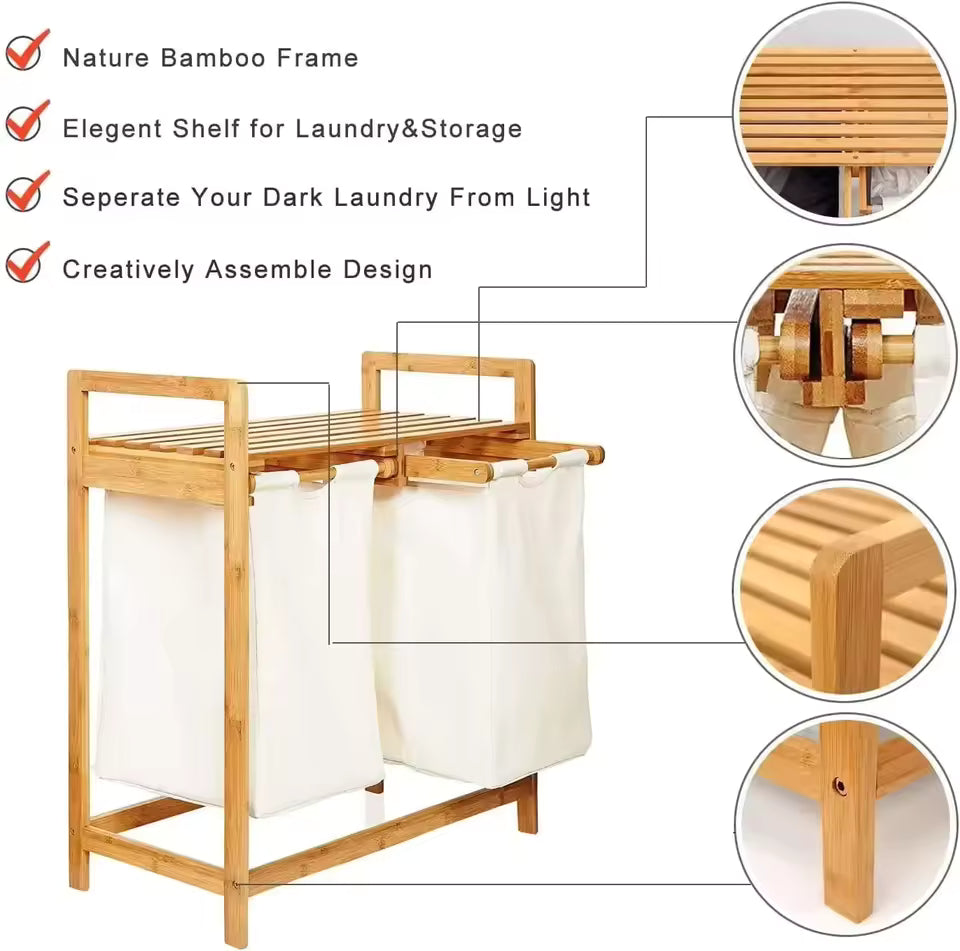 Bamboo laundry Hamper With Storage Shelf And Dual Compartments.