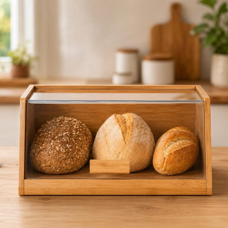 Wooden Countertop Bread Organizer Acrylic Lid