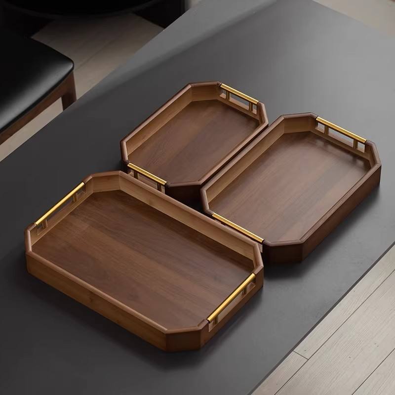 3-Piece Premium Wooden Serving Wooden Tray Set With Gold Handles
